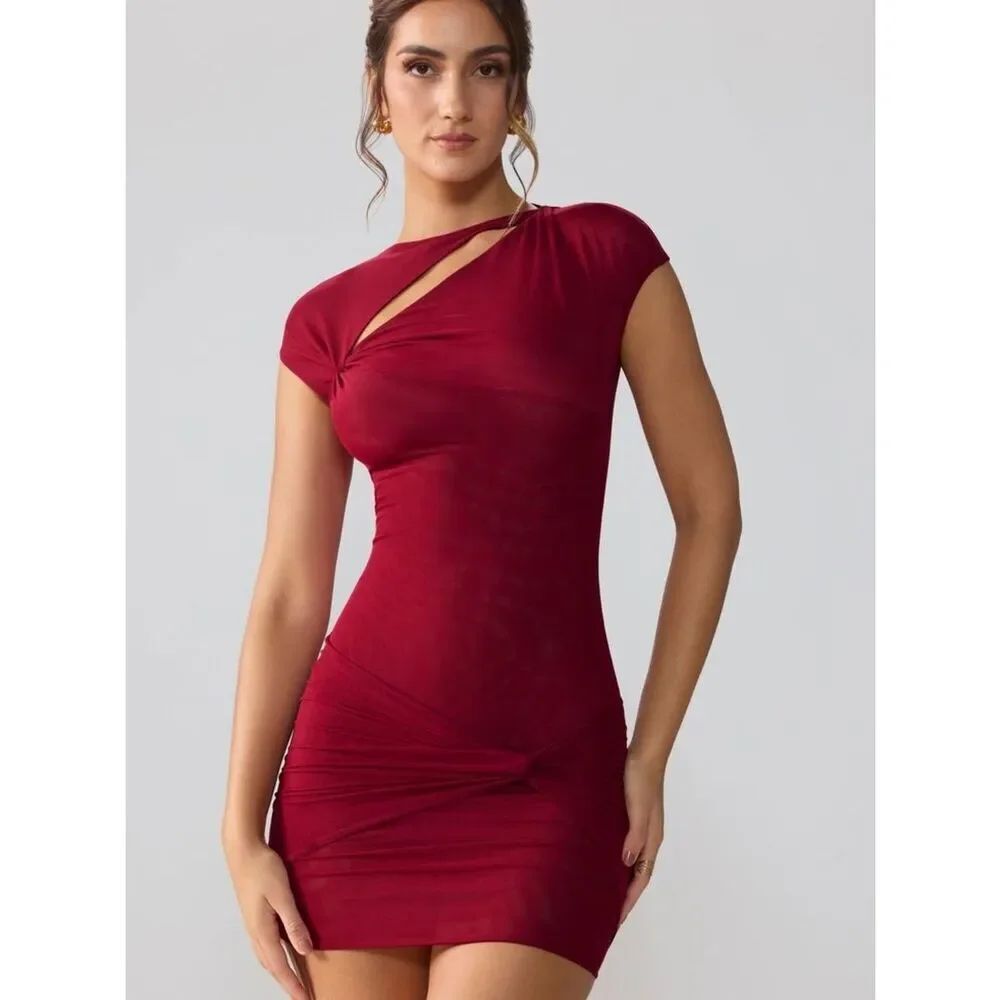 OH POLLY Aurelia Sheer Mesh Twist-Front Cutout Bodycon Dress Burgundy Size M/L
